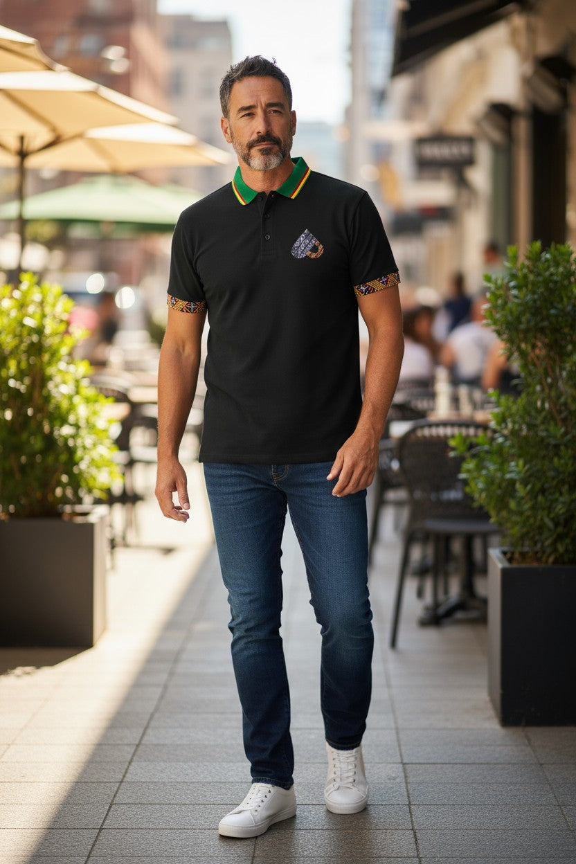 Black Fashion Short Sleeve polo Shirt, Toghu African pattern Unisex