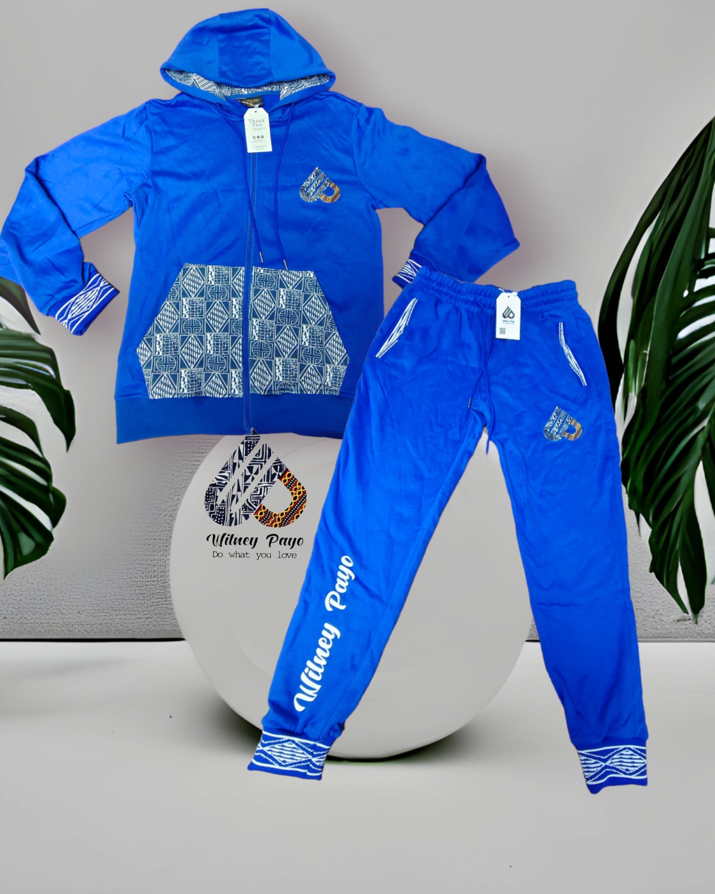 Fashion Full Zip Tracksuit Ndop African Design , Unisex Jogger set.