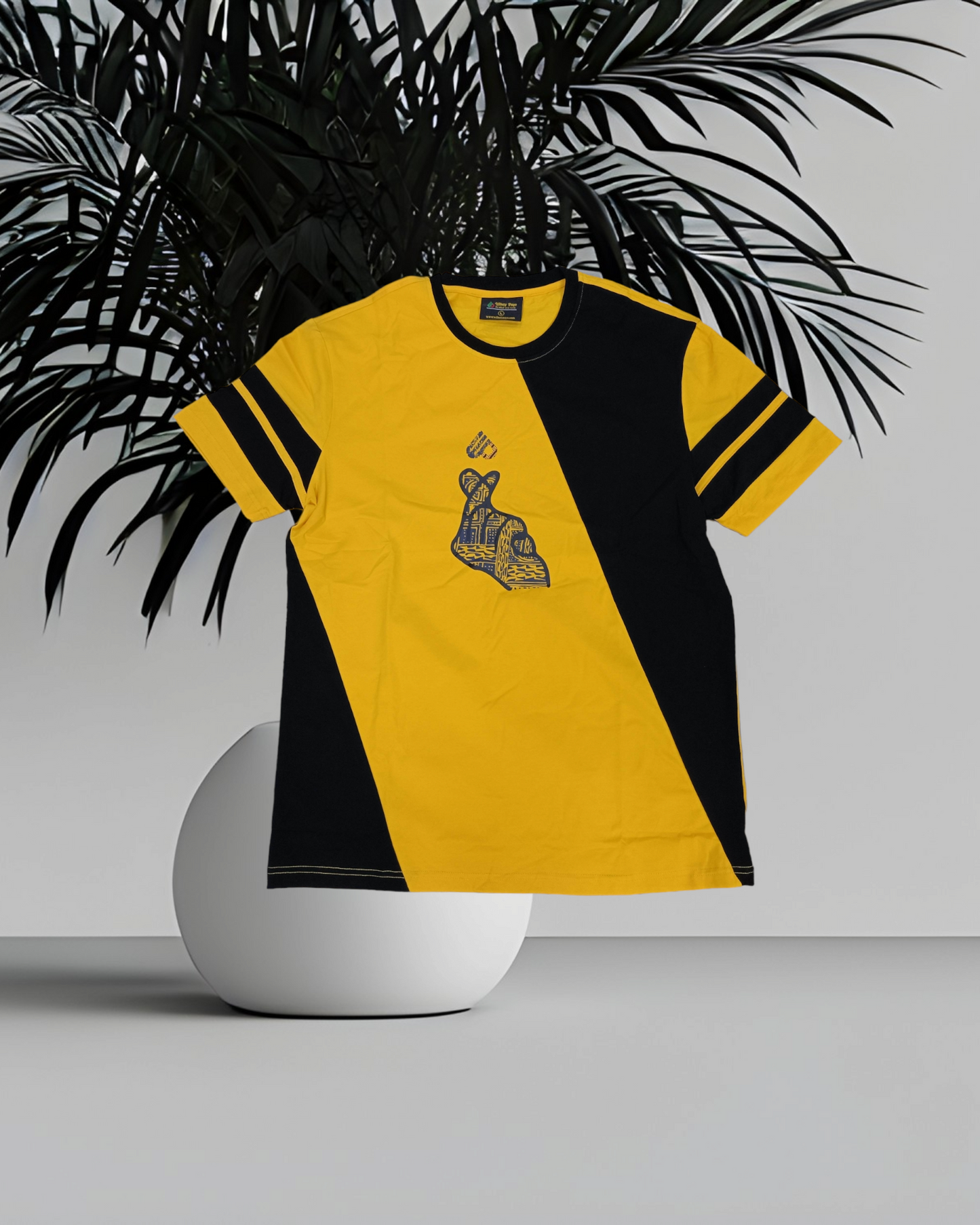 Hand logo ndop pattern Men Women Round Neck Yellow Black Unisex T-Shirt