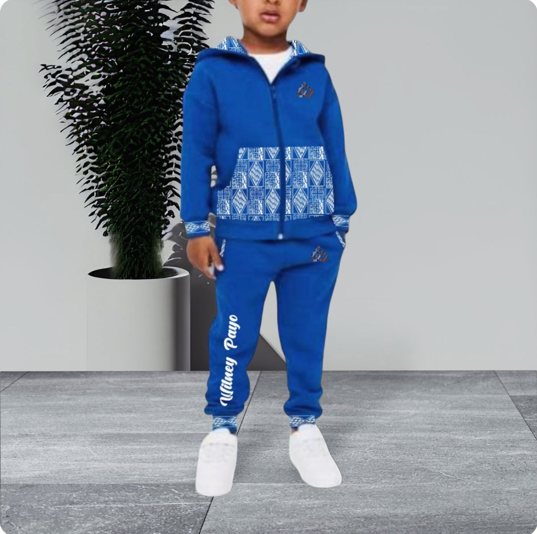 Fashion Full Zip Kids  Tracksuit Ndop African Design , Unisex Jogger set.