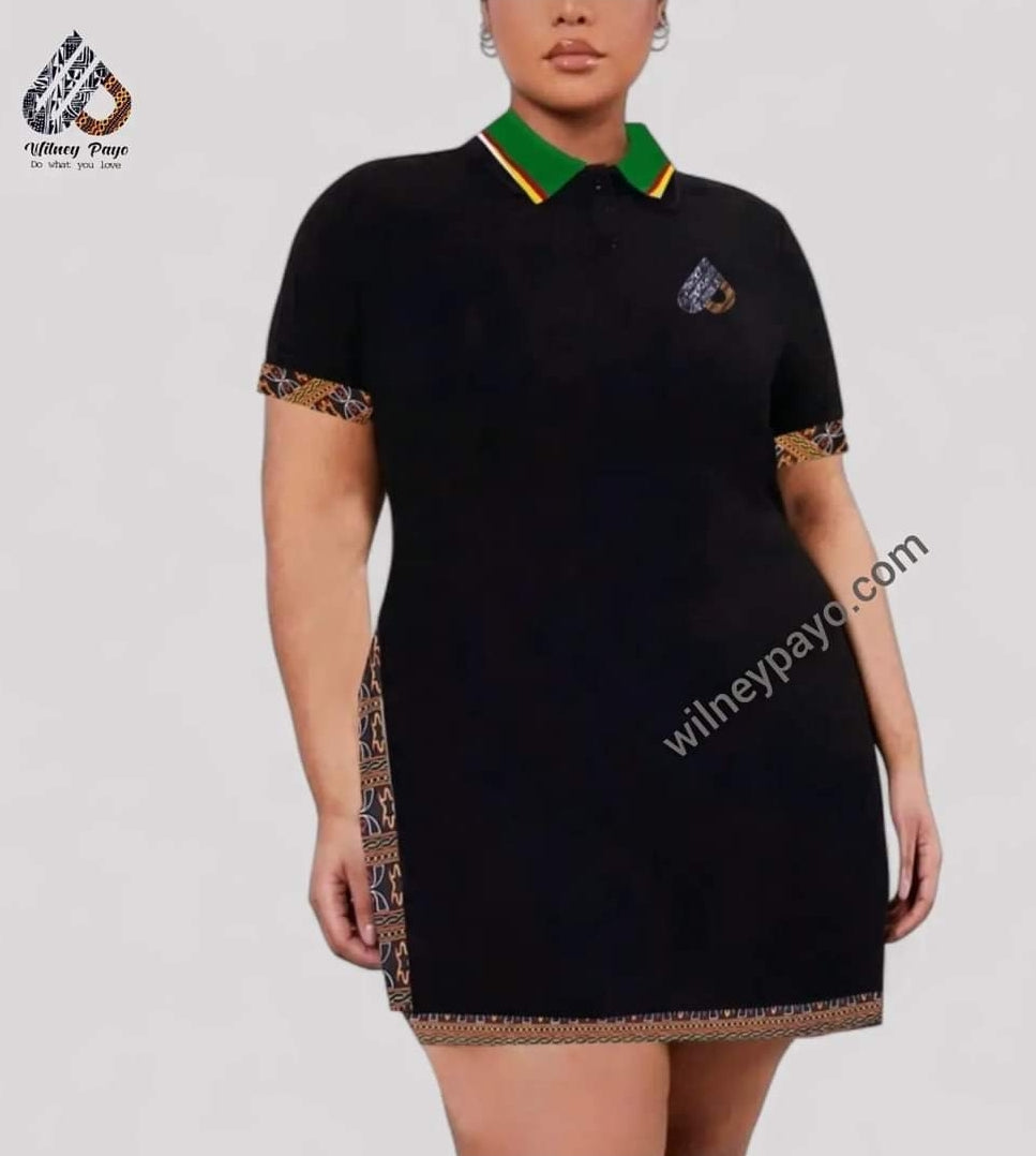 Black fashion Dress, Toghu African  pattern Stretch cotton polo dress