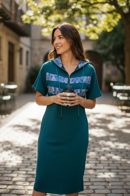 Ndop African Pattern Women Comfortable Casual Dresses
  Hooded Stripe Pocket, Short Sleeve Knee Length Fashion Dress