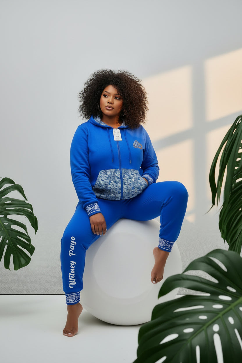 Fashion Full Zip Tracksuit Ndop African Design , Unisex Jogger set.