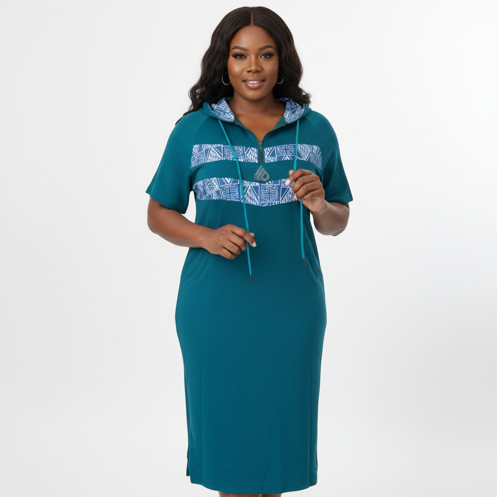 Ndop African Pattern Women Comfortable Casual Dresses
  Hooded Stripe Pocket, Short Sleeve Knee Length Fashion Dress