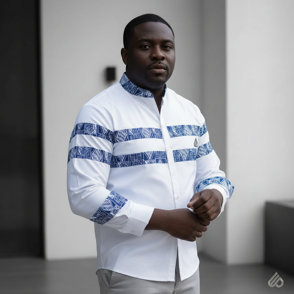 Fashion  slim fit Long Sleeve  Dress shirt, Men's Ndop African pattern Mao Collar Shirt