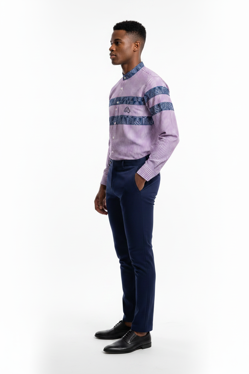 Fashion Slim Fit Purple Striped Mao Collar Shirt, Men's Ndop African print Cotton Blend Dress Shirt