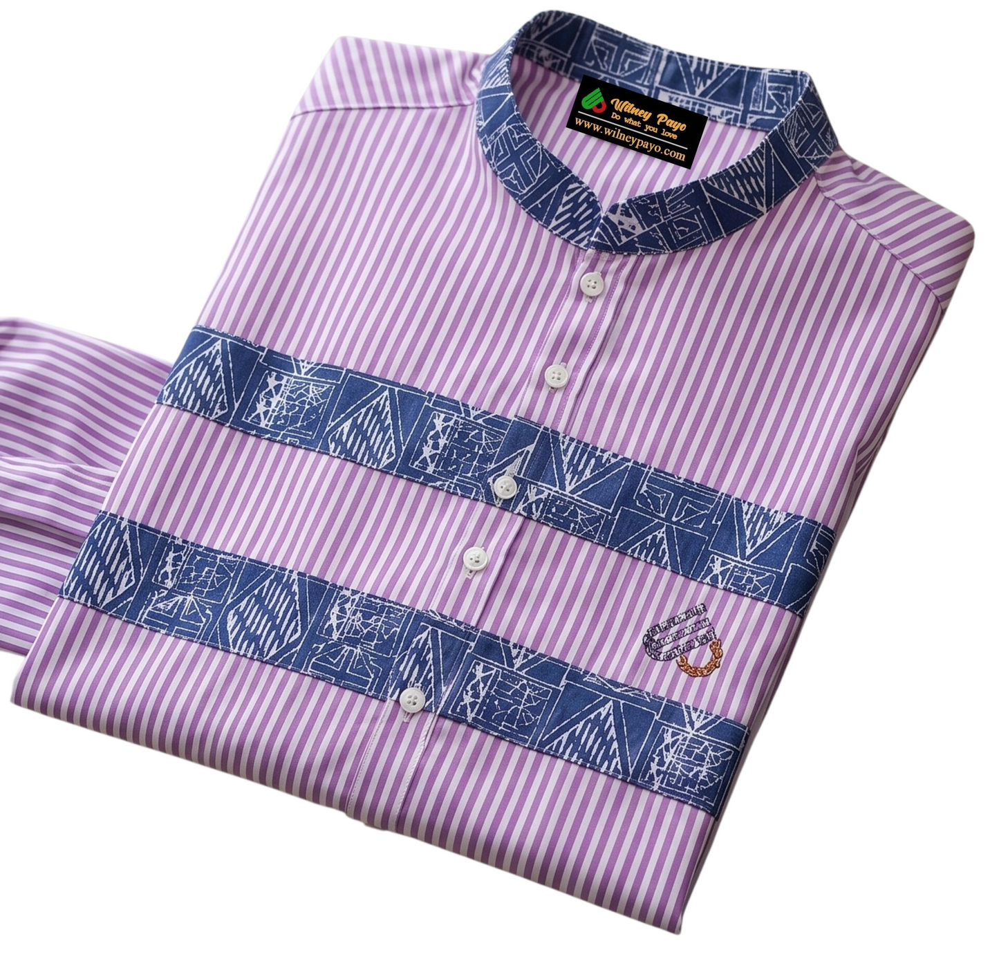Fashion Slim Fit Purple Striped Mao Collar Shirt, Men's Ndop African print Cotton Blend Dress Shirt