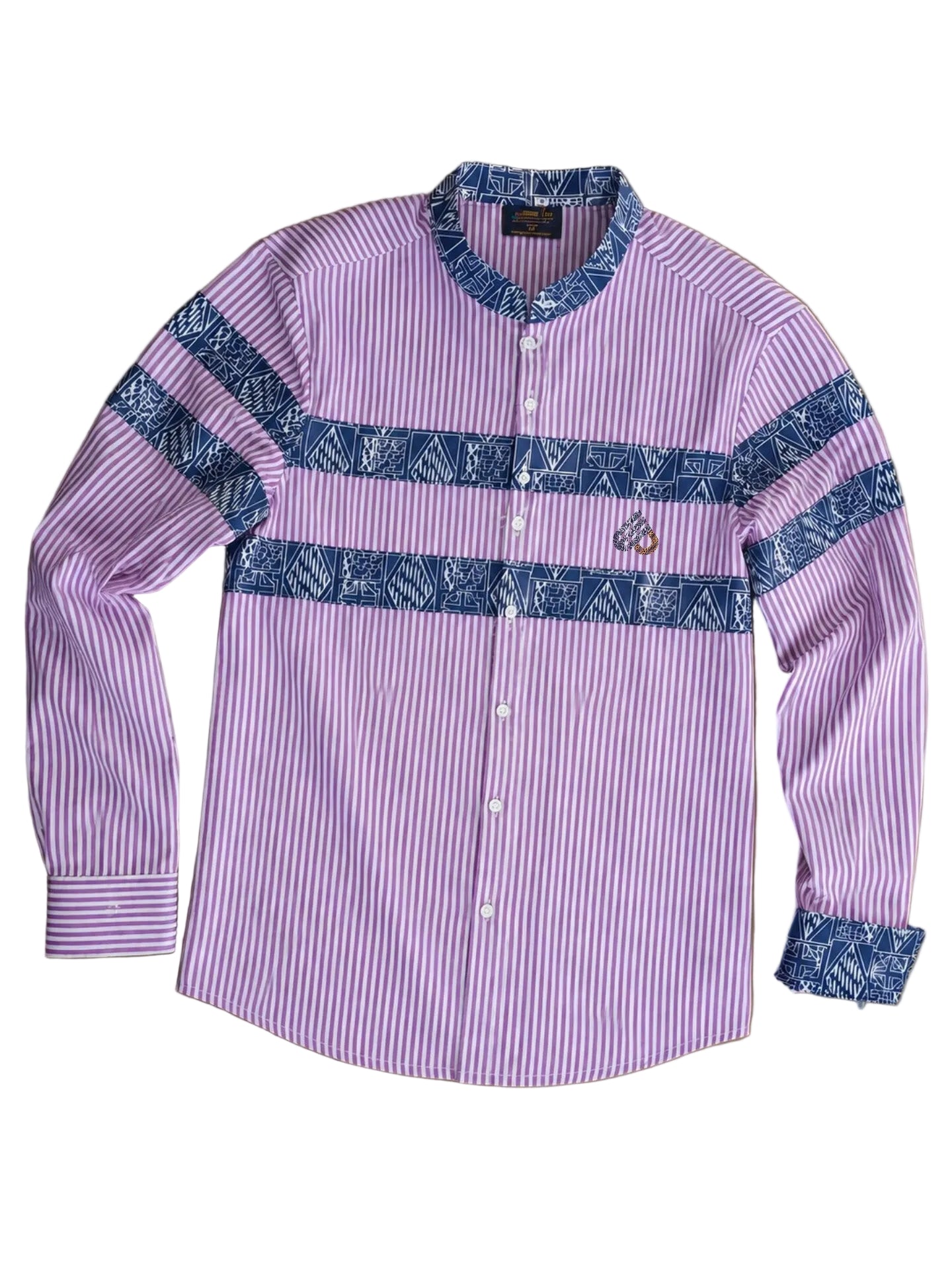 Fashion Slim Fit Purple Striped Mao Collar Shirt, Men's Ndop African print Cotton Blend Dress Shirt