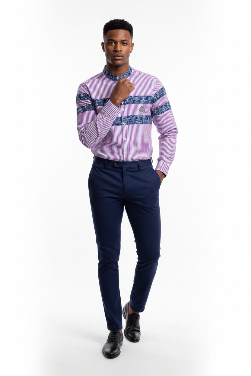 Fashion Slim Fit Purple Striped Mao Collar Shirt, Men's Ndop African print Cotton Blend Dress Shirt