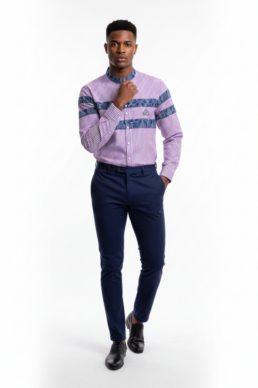 Fashion Slim Fit Purple Striped Mao Collar Shirt, Men's Ndop African print Cotton Blend Dress Shirt