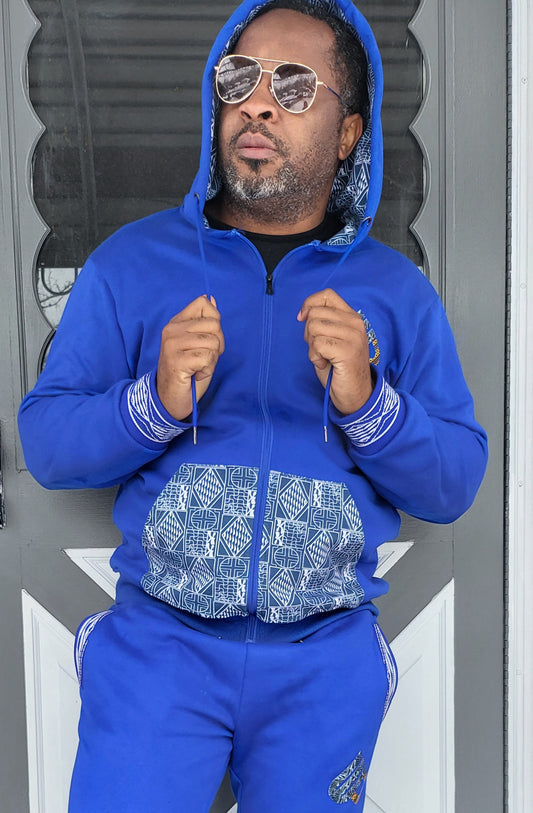 Fashion Full Zip Tracksuit Ndop African Design , Unisex Jogger set.