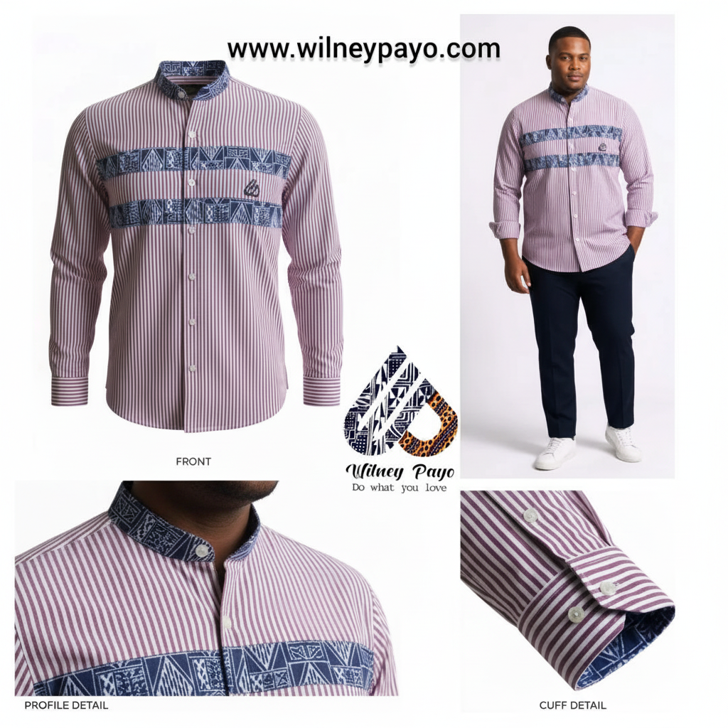 Fashion Slim Fit Purple Striped Mao Collar Shirt, Men's Ndop African print Cotton Blend Dress Shirt