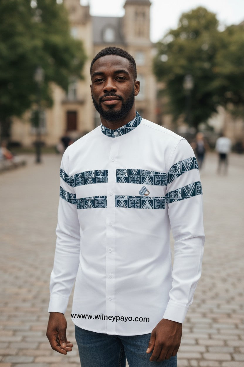 Fashion  slim fit Long Sleeve  Dress shirt, Men's Ndop African pattern Mao Collar Shirt