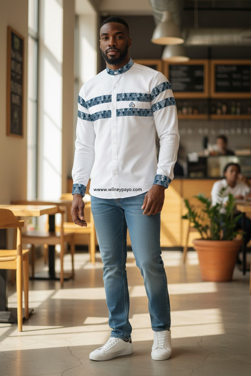 Fashion  slim fit Long Sleeve  Dress shirt, Men's Ndop African pattern Mao Collar Shirt
